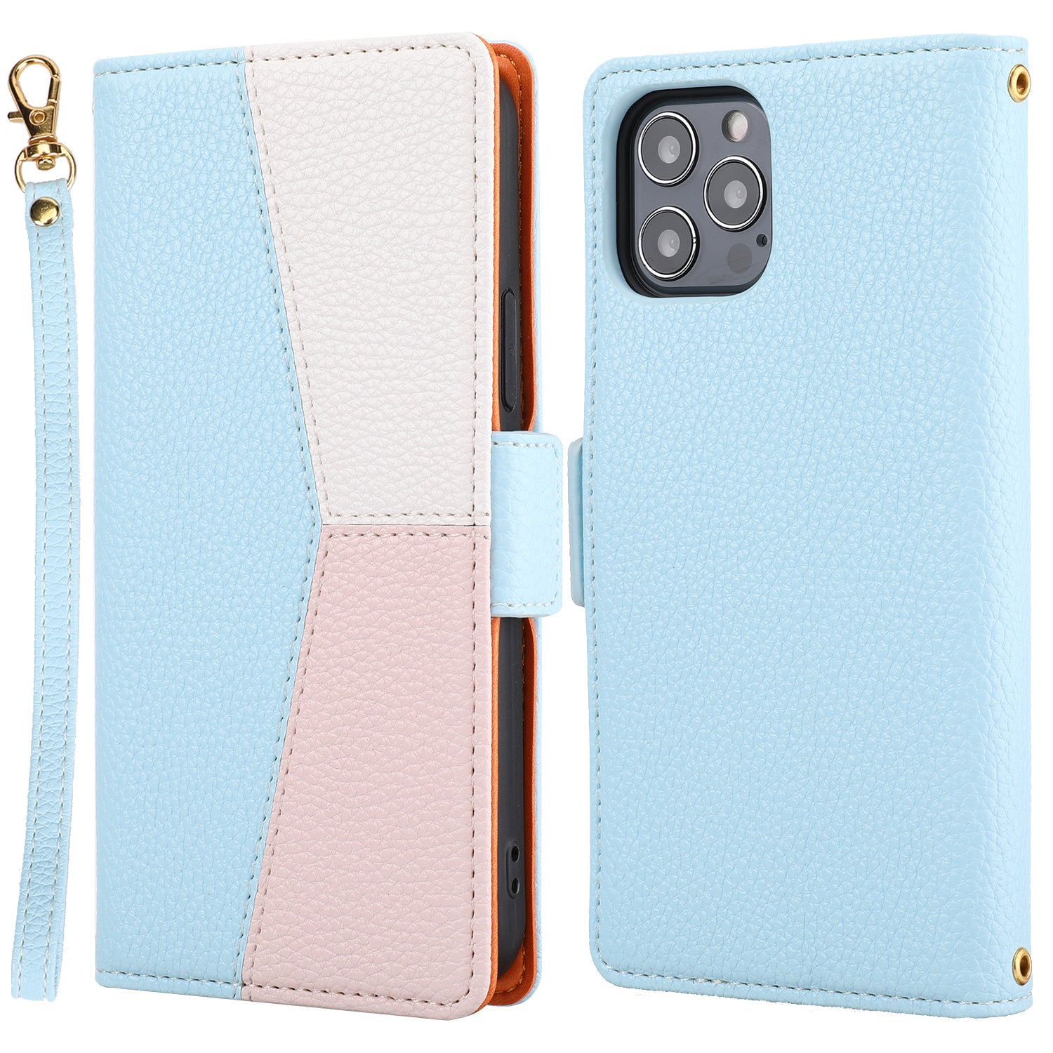 Leather Phone Cover for iPhone 14 Pro Tri-color Splicing Litchi Texture Wallet Phone Stand Case with Strap Leather Phone Cover for iPhone 14 Pro Tri-color Splicing Litchi Texture Wallet Phone Stand Case with Strap